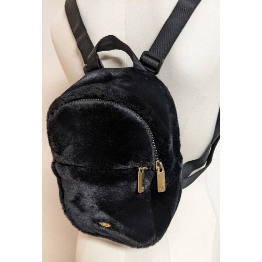 ADIDAS Black Faux Fur Adjustable Mini-Backpack Gold Trefoil Hardware - Picture 8 of 16